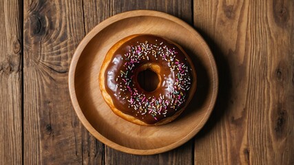 Wall Mural - appetizing glazed donut on wooden plate flat lay aesthetic setup for ads
