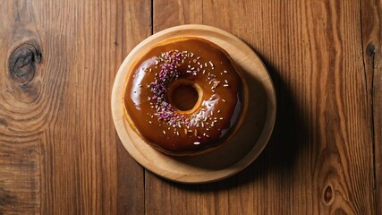 Wall Mural - appetizing glazed donut on wooden plate flat lay aesthetic setup for ads