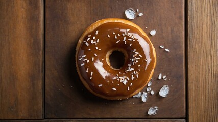 Wall Mural - appetizing caramel sea salt donut on wooden plate flat lay aesthetic setup for ads
