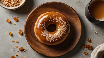 Wall Mural - appetizing caramel sea salt donut on wooden plate flat lay aesthetic setup for ads