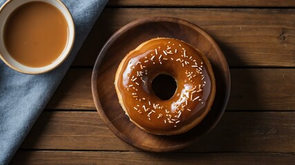 Wall Mural - appetizing caramel sea salt donut on wooden plate flat lay aesthetic setup for ads