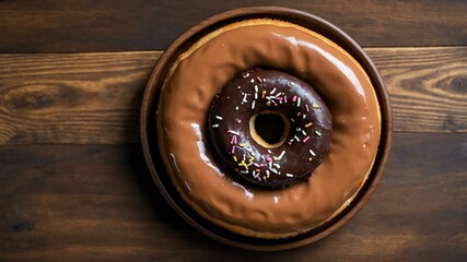 Wall Mural - appetizing brownie batter donut on wooden plate flat lay aesthetic setup for ads