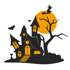 Poster - Halloween Haunted House Silhouette With Full Moon