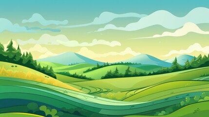 A Vibrant Green Landscape with Rolling Hills, Blue Mountains, and a Clear Sky