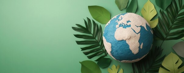 Globe surrounded by tropical leaves on green background