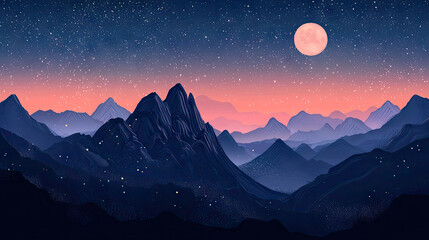 illustration of starry sunset and full moonlight, with layered misty mountains