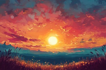 A vibrant sunset with a fiery orange and red sky over a silhouetted field of tall grass and a distant mountain range.