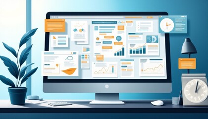 A computer monitor with a lot of papers and graphs on it