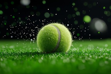 A dynamic close-up of a tennis ball resting on green grass, with tiny particles in motion around it, capturing the intensity of a game under bright lights, against a dark background