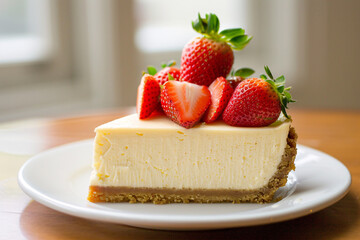 Sticker - Slice of strawberry cheesecake topped with fresh fruits on plate