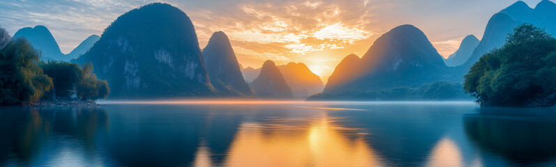 Wall Mural - Serene Sunset over Karst Mountains 