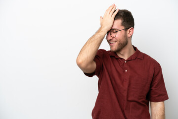 Young caucasian man isolated on white background has realized something and intending the solution