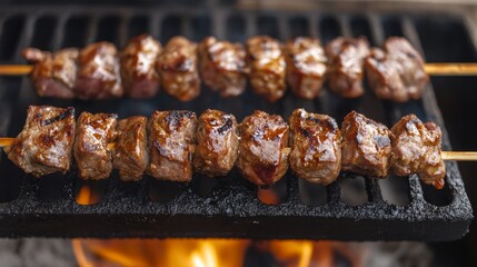 Shawarma-prepared meat slices. A stick of the popular Middle Eastern food, Arab shwarma, in front of the grill