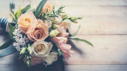 floral bouquet of pink and orange roses with white and green accents for wedding themes