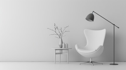 Sticker - White background with modern design elements, such as a stylish lamp, chair, and small table