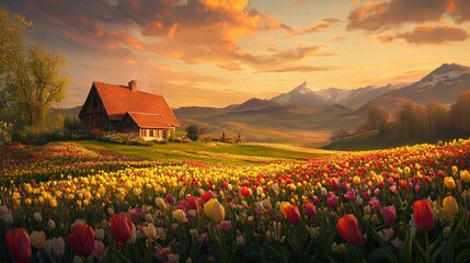 A tranquil countryside scene featuring a cozy cottage amidst vibrant tulip fields under a breathtaking sunset backdrop.