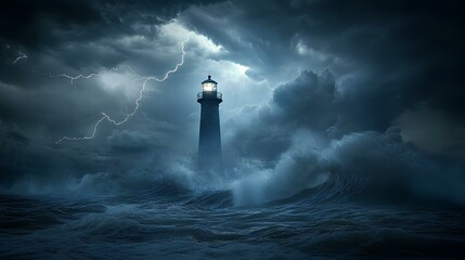 Wall Mural - A dramatic lighthouse stands resilient amidst stormy seas, illuminated by lightning and waves crashing under a moody sky.