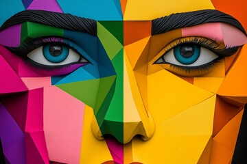 Wall Mural - Woman's face is made up of colorful blocks. The blocks are arranged in a way that they resemble a mosaic. Design a 3D face made up of thousands of geometric shapes of different colors and sizes