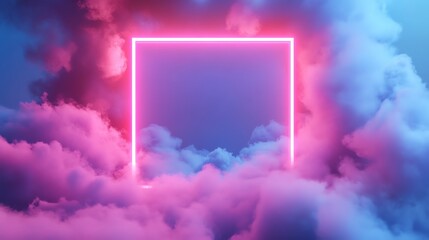 Sticker - A neon pink square in front of a blurry background of pink, blue and yellow clouds.