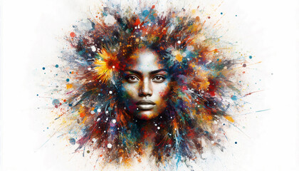 A vibrant and surreal portrait of a woman with colorful splashes exploding around her face, blending into an abstract, creative background