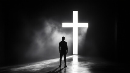 The black silhouette of a man stands in front of a light cross that symbolizes the sacrifice of Jesus Christ for our sins, redemption and salvation through God, Christianity and religion, faith belief