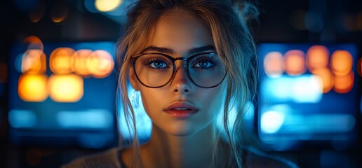 Wall Mural - Close-up portrait of a young woman with glasses looking directly at the camera.