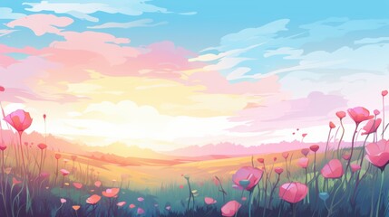 Wall Mural - A Field of Pink Flowers Against a Colorful Sunset Sky