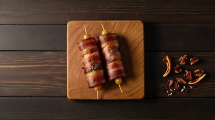 Wall Mural - appetizing bacon wrapped snacks on wooden plate flat lay background