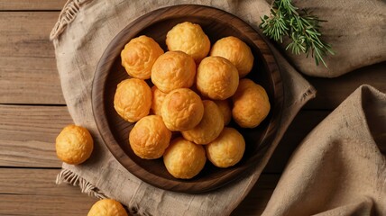 Wall Mural - appetizing cheese puffs on wooden plate flat lay background
