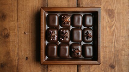 Wall Mural - appetizing chocolate-covered snacks on wooden plate flat lay background