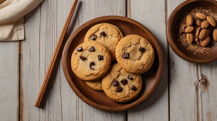 Wall Mural - appetizing cookies on wooden plate flat lay background