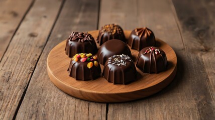 Wall Mural - appetizing chocolate-covered snacks on wooden plate flat lay background