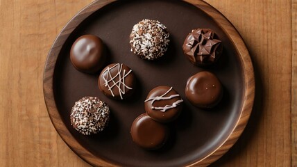Wall Mural - appetizing chocolate-covered snacks on wooden plate flat lay background