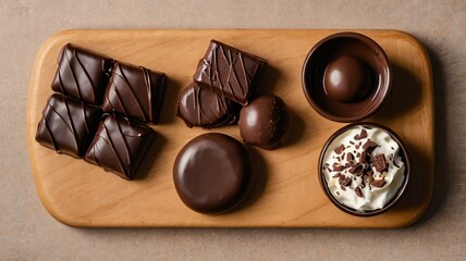 Wall Mural - appetizing chocolate-covered snacks on wooden plate flat lay background