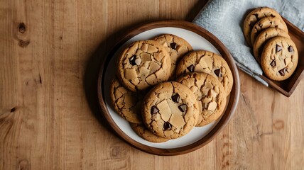 Wall Mural - appetizing cookies on wooden plate flat lay background
