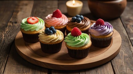 Wall Mural - appetizing cupcakes on wooden plate flat lay background