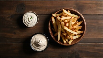 Wall Mural - appetizing french fries on wooden plate with dip flat lay background