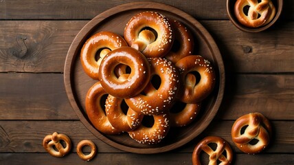 Wall Mural - appetizing pretzels on wooden plate flat lay background