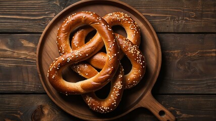 Wall Mural - appetizing pretzels on wooden plate flat lay background