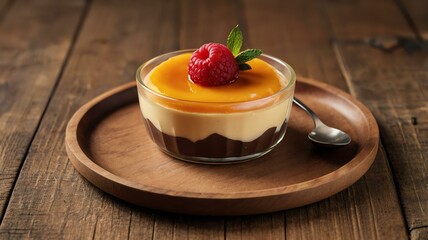 Wall Mural - appetizing pudding cups on wooden plate flat lay background