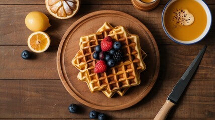 Wall Mural - appetizing waffles on wooden plate flat lay background
