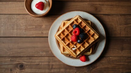 Wall Mural - appetizing waffles on wooden plate flat lay background