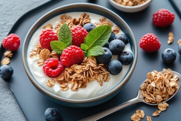 Delicious healthy breakfast tray featuring yogurt granola topped with fresh berries and mint