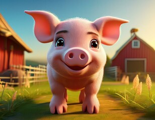 Canvas Print - Cute Cartoon Pig Character on a Farm