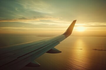 Airplane flight in sunset sky over ocean water and wing of plane. View from the window of the Aircraft. Traveling in air - generative ai