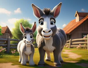 Poster - Cute Cartoon Donkey Characters on a Farm