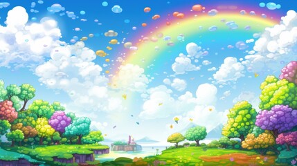 Wall Mural - A Colorful Fantasy Landscape with a Rainbow, Bubbles, and Butterflies