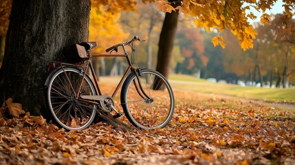 Poster - A bicycle leaning against a tree in a park covered in fallen leaves.