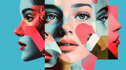 Poster - A vibrant collage of colorful faces and geometric shapes.