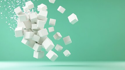 A cluster of white cubes floating in front of a green background.